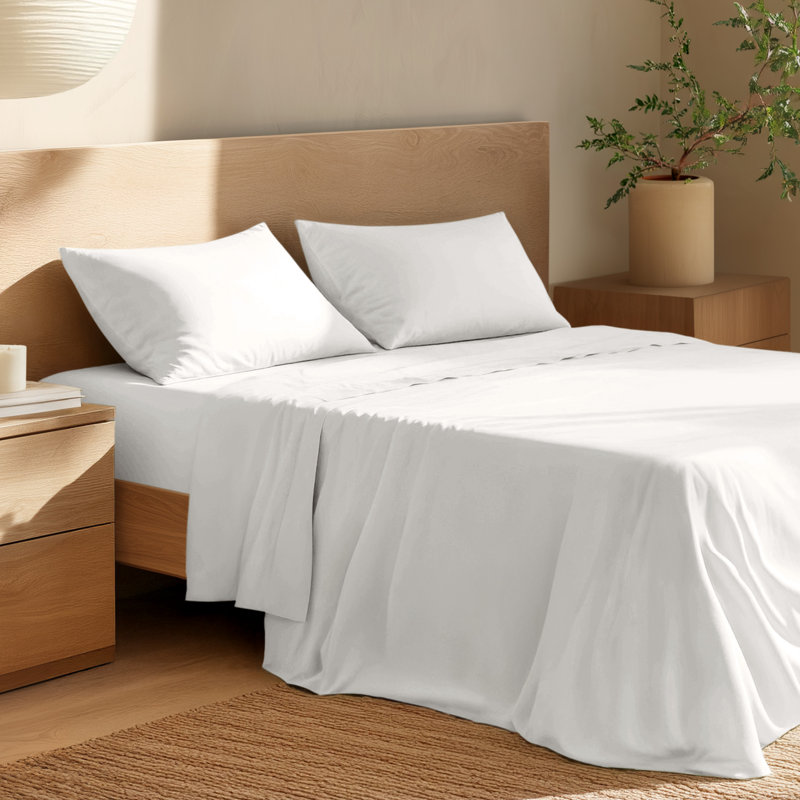100% Cotton Percale Sheet Set, White, California King Sheet Set with 2 Pillowcases