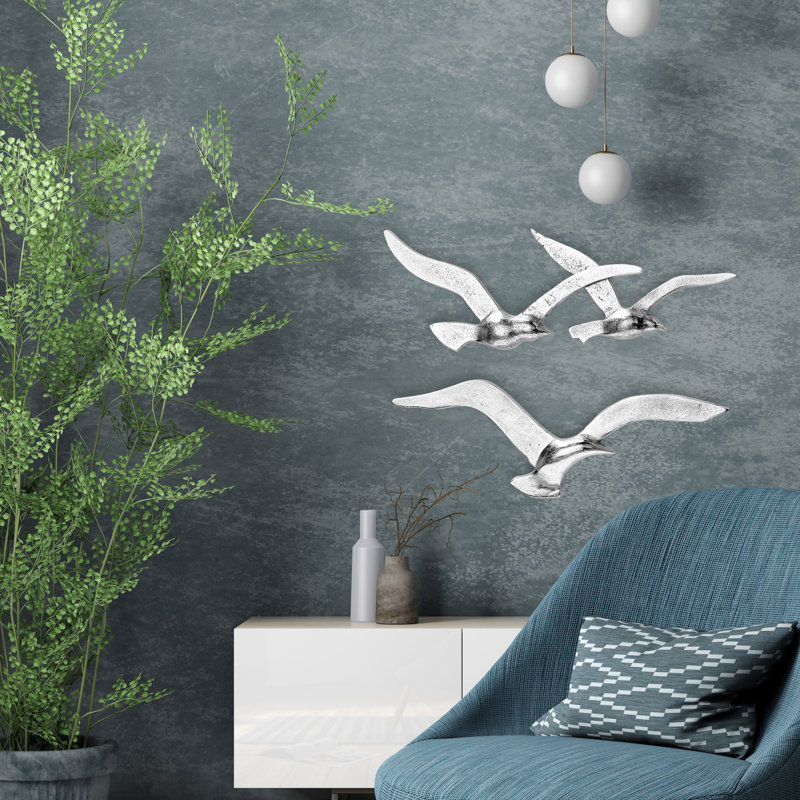 Flying Birds Wall Décor Set, Silver, 4.75" H x 13.75" W x 0.75" D