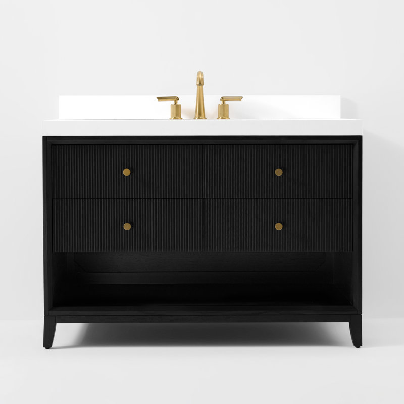 Meuble-lavabo simple autoportant de 48 po avec comptoir en quartz blanc et sous-comptoir Momo, Chêne noir, 48"