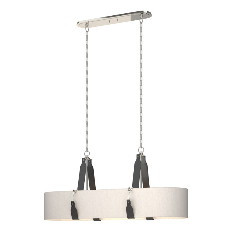 Saratoga 4 - Light Kitchen Island Linear Pendant, Polished Nickel, Black Leather, Flax Shade