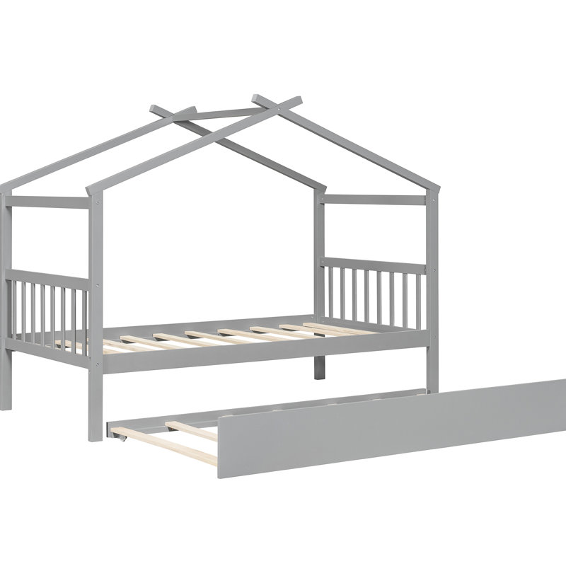 Lit simple gris avec lit gigogne, structure en pin, toit suspendu pour le plaisir, hauteur de 62,8 po, soirée pyjama idéale