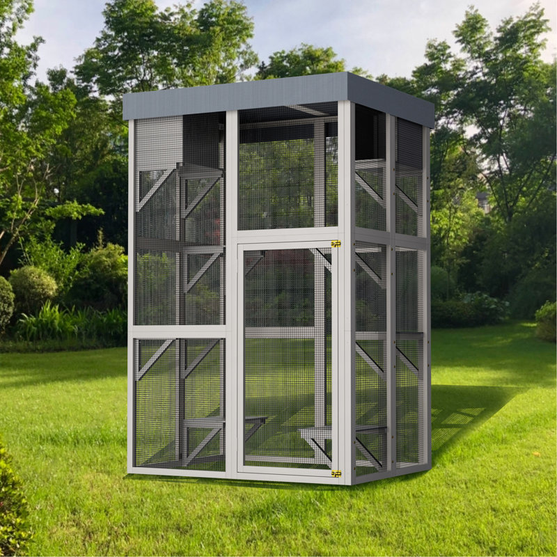 Enceinte d'extérieur en bois de 70,5 pouces de hauteur Catio, maison de chat grise avec 6 plateformes et 2 maisons pour faire la sieste, housse de bâche mobile