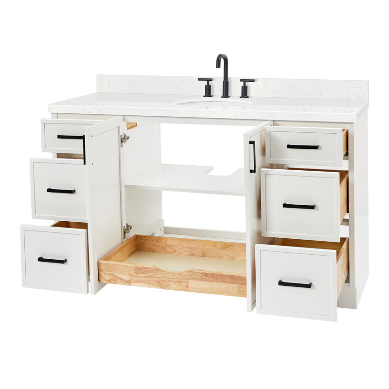 Meuble-lavabo à simple cuve ARIEL Kelly 60 avec comptoir en quartz de Carrare, Blanc