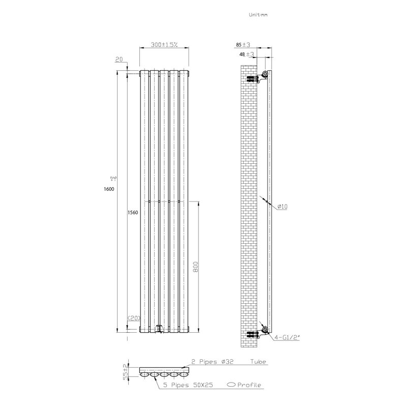 Oval Panel Radiators, Grey, 62cm H x 11cm W x 3cm D