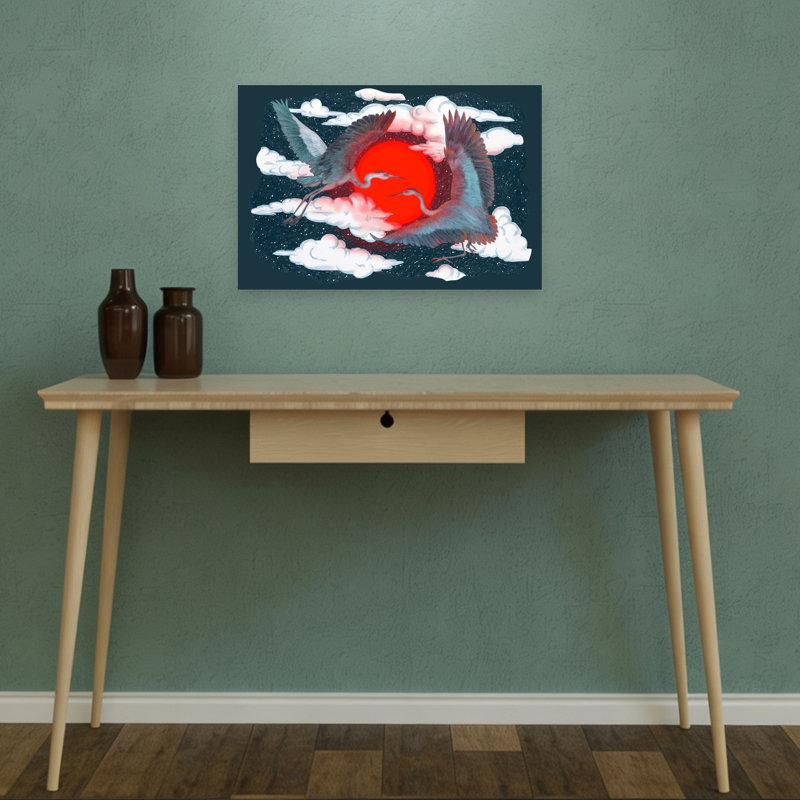 Celestial Cranes Red Sun Dramatic Ethereal Abstract Bird Nature Wildlife Wall Art Print 1 Piece Wrapped Canvas Wall Art
