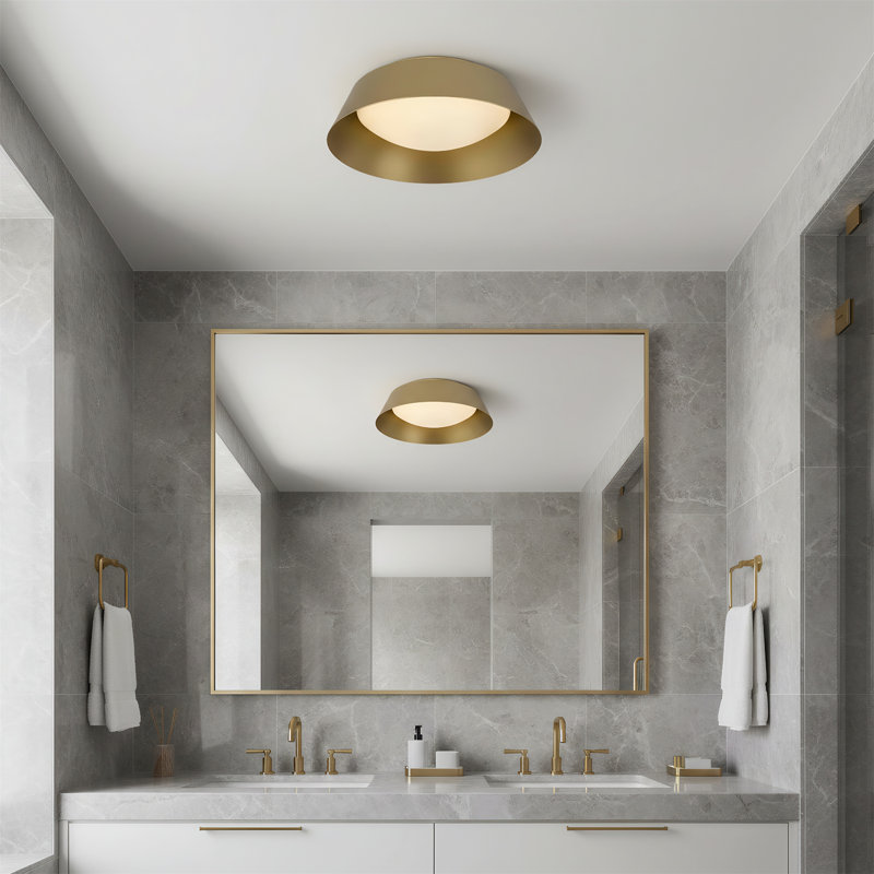 15-Inch Brass Led Ceiling Light With 5 Color Temperatures, Featuring An Etched White Glass Diffuser Design Suitable For Indoor Use.
