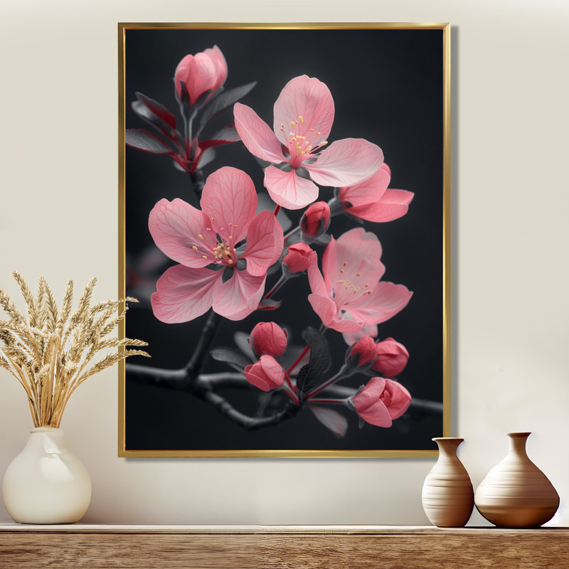 Fleur de pomme rose botanique - Art mural fleur de pommier, Cadre flottant doré, H 34 po x l 44 po