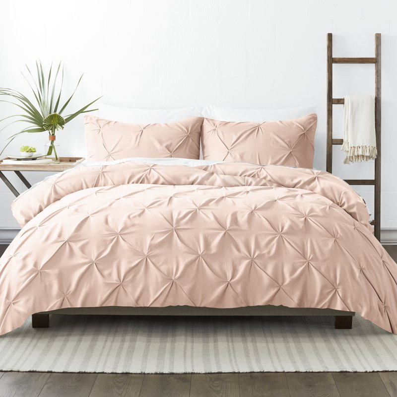 Pinch Pleat Textured Duvet Cover Set, Queen Duvet Cover + 2 Shams, Blush