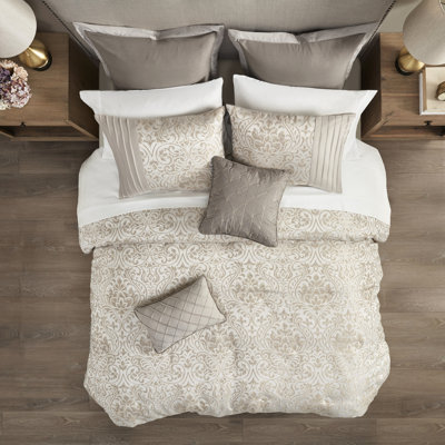Édredon 12 pièces en kaki pour grand lit, avec motif, fil doré métallique et taies d'oreiller dorées, drap en microfibre douce