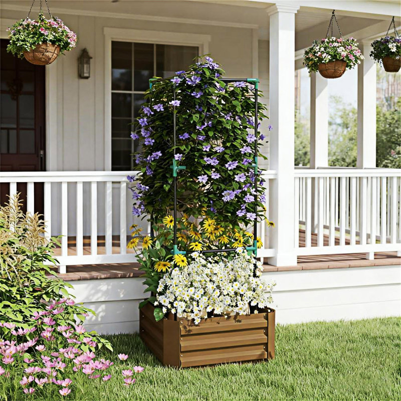 Galvanized Planter Box Raised Garden Bed With Cage, Brown