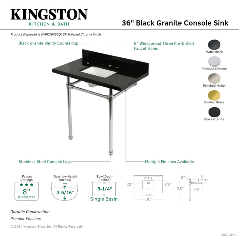 Kingston Brass Dreyfuss 36-Inch Black Granite Console Sink with Stainless Steel Legs (8-Inch, 3-Hole), Polished Chrome