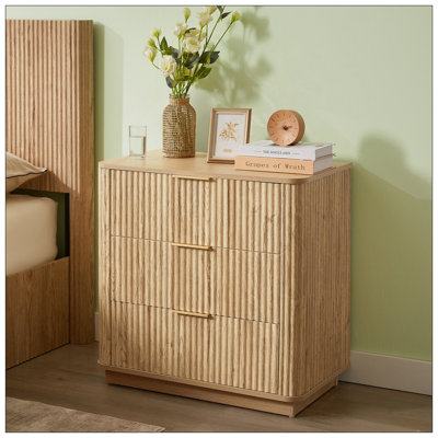 Ensemble de 3 tiroirs, commode courbée moderne de 27,6 po de largeur, table de chevet, organisateur de tiroir en bois pour chambre à coucher, salon, couloir, chêne, l 27,6 po x P 15,8 po x H 27,4 po.