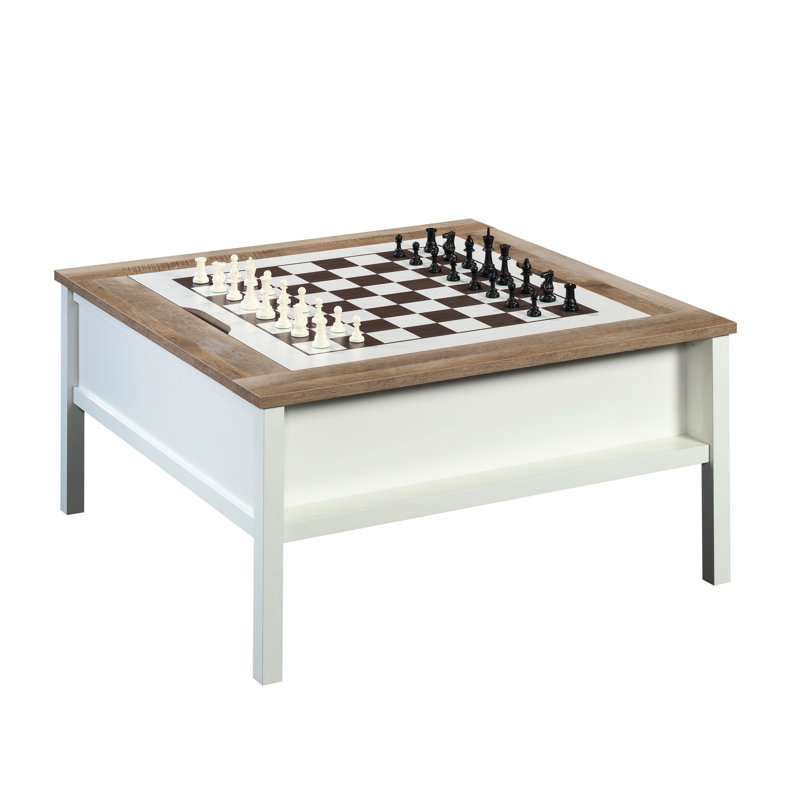 Table carrée blanche pour les jeux et le café, plateau d'échecs amovible, tablette inférieure cachée, détails en chêne, conception, installation rapide, carré de 39,45 pouces, café à finition haute de 18,93 po avec assemblage facile.