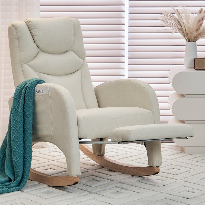 Chaise berçante en coton et lin avec repose-pieds réglable, Beige
