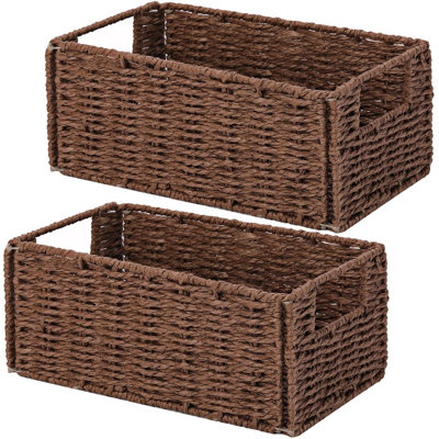 Set of 2 Foldable Cube Paper Rope Wicker Storage Baskets, Decorative Organizer & Toilet Paper Basket for Shelves
