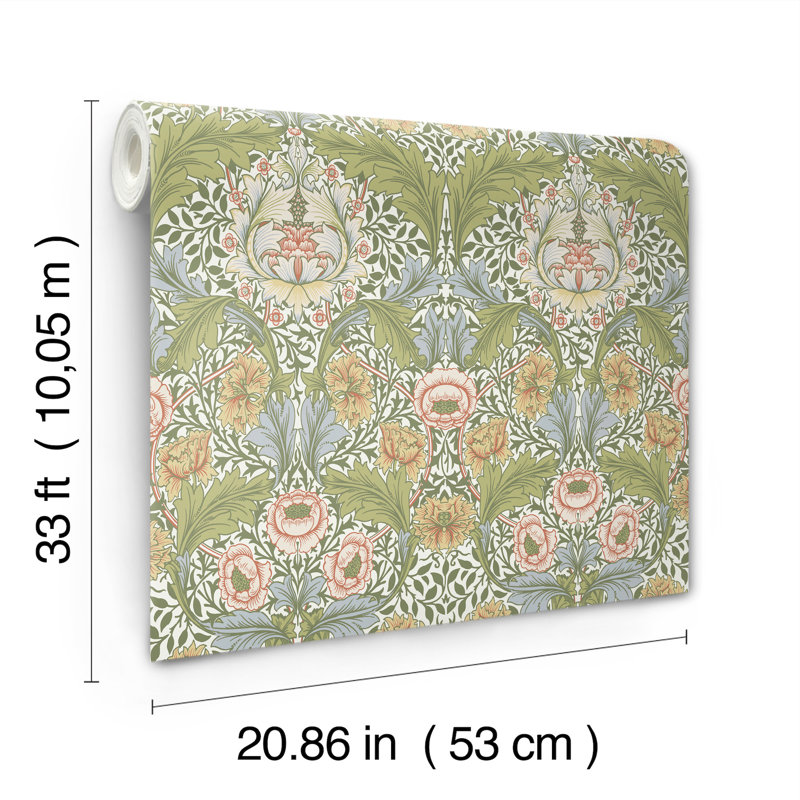 Myrtle Dark Green Floral Ogee Wallpaper, Light Green