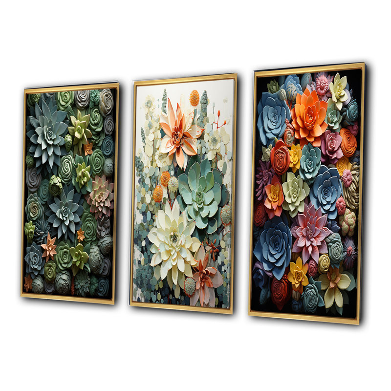 «Green Succulents Natures Sculptures», 3 pièces sur toile, Cadre noir, H 28 po x l 36 po