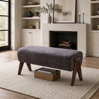 38" Gray Chenille Bench, with Rolled Arms, Brown Wood Solid Wood Legs for Bedroom Entryway Living Room
