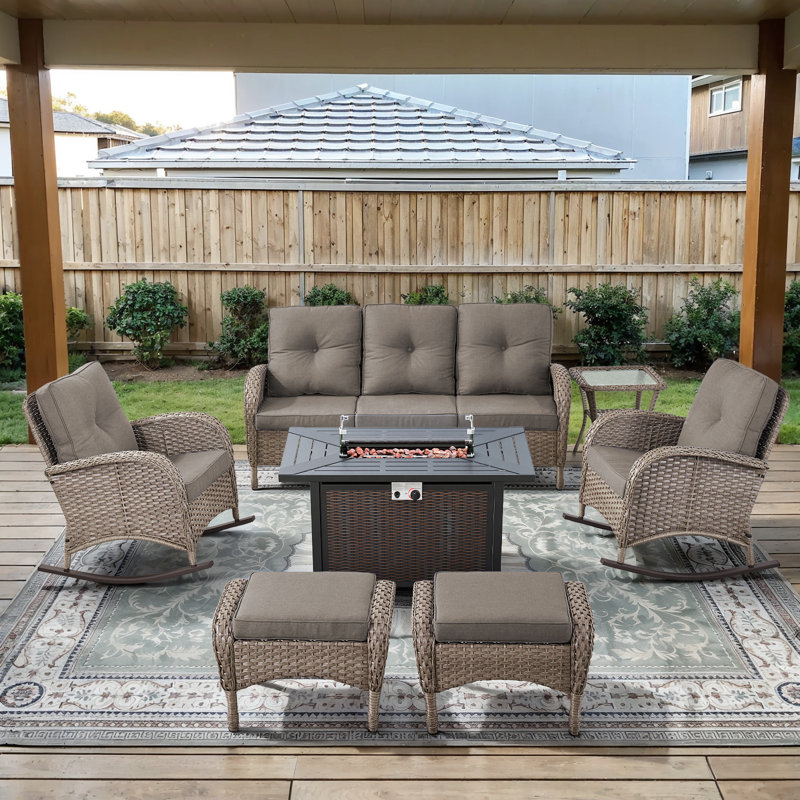 Ensemble de table de foyer d'extérieur en rotin 7 pièces avec chaises berçantes et canapé, Gris