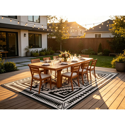 9' x 18' Outdoor Patio Rug Waterproof – Extra Large Reversible Camping Mat with Carry Bag, Black & White Square Patchwork, Soft Fabric & Polypropylene for RV, Tent, Deck
