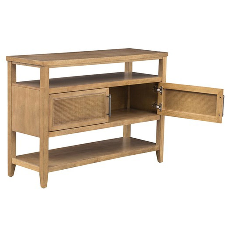 Console de rangement 2 portes en amande grillée, avec tablettes fixes et table à compartiments cachés 2 portes - Polyvalence finition amande