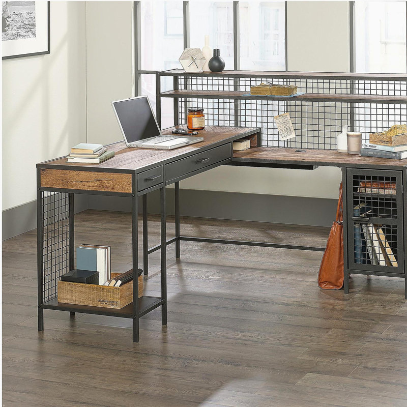 Bureau industriel en forme de L avec 2 tiroirs et tablettes, finition brune