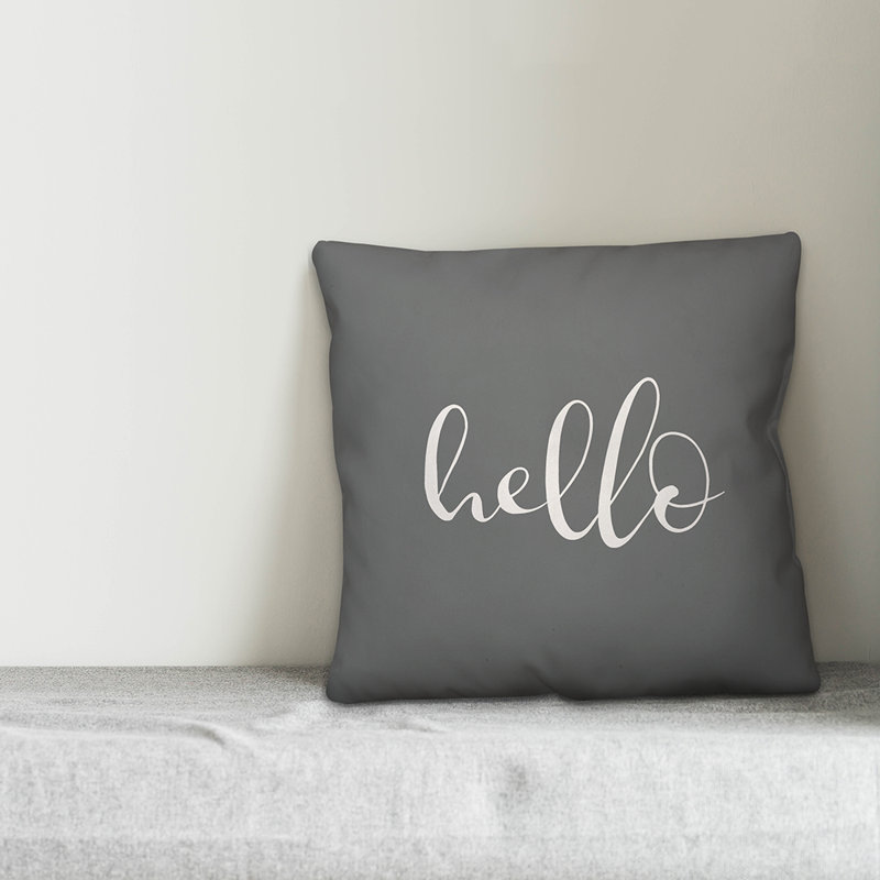 Coussin décoratif intérieur / extérieur New Jersey Hello, H 16 po x l 16 po, Gris / blanc