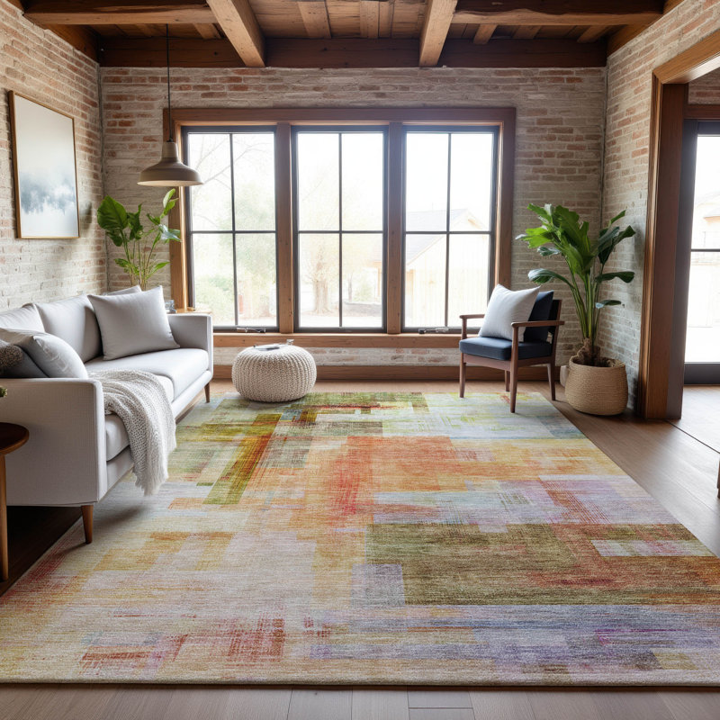 Premium Machine Washable Ducote AMF1067 Squares Rug, Rectangle 5' x 7'6"