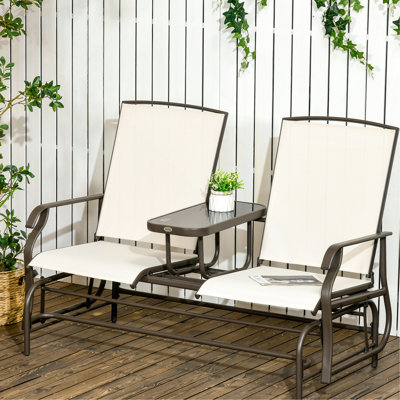 Outdoor Glider With Table - Beige Metal Frame. Breathable Mesh For Backyard, Porch, Garden. Double Gliding Enjoyment. 363 Lbs. Weight Capacity Per Seat. 59.29"w X 31.04"d 40"h Frame Bench Coffee