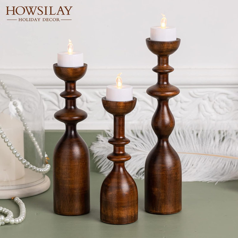 Rustic Brown Wood Tabletop Candlestick Holders Set