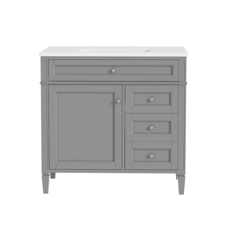Meuble-lavabo moderne avec un lavabo de 91 cm de large, fini gris, avec 2 tiroirs et lavabo en céramique intégrée.