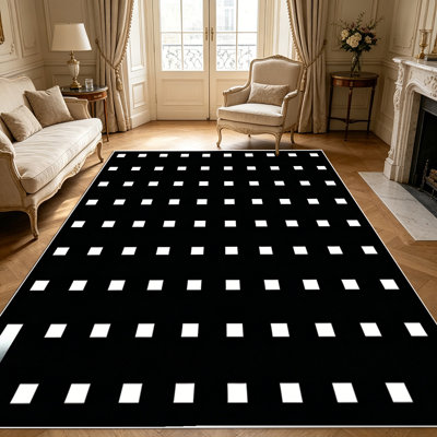 Tapis carré noir et blanc à motif géométrique minimaliste de 1 pièce pour le salon, doux et confortable, convient à toutes les saisons, facile à entretenir, tapis de sol intérieur lavable à la machine, sous la table de ferme convenant à la table à manger, à la chambre à coucher, au bureau à domicile,