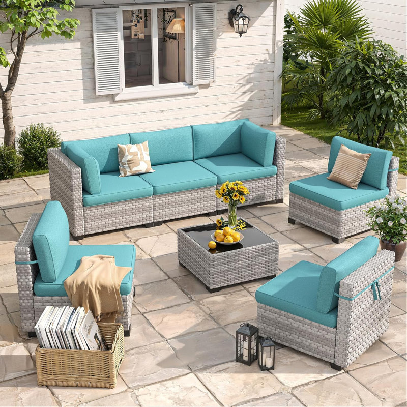 Ensemble de conversation pour patio pour 6 personnes avec coussins, Bleu