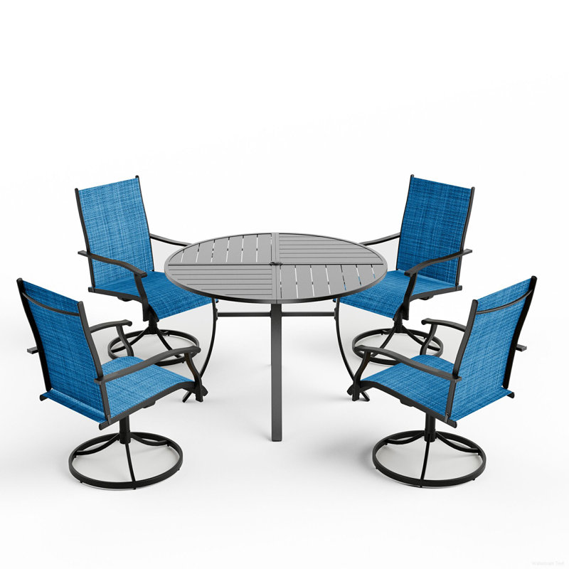 5 Piece Patio Dining Set, Outdoor Dining Table And Chairs Set For 4, 4 Swivel Chairs, 1 Iron Round Table With Adjustable Umbrella Hole, Patio Furniture Set For Deck, Backyard, Lawn, Poolside, Brown/gray/blue