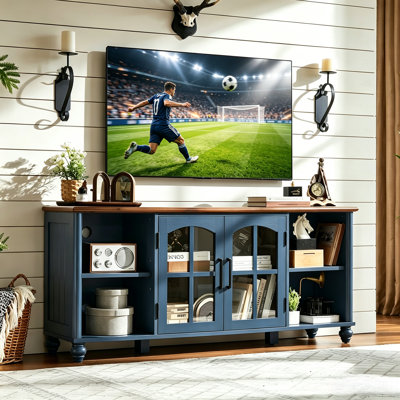 Farmhouse TV Stand For 60 Inch TV, Wood Entertainment Center With Adjustable Shelves & Glass Door Storage Cabinet,Television Stands For 65" TVS,TV Console Table For Living Room,Bedroom