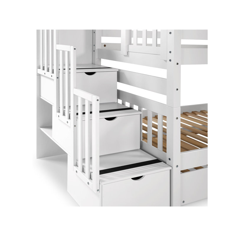 Tena Twin over Twin 3 Drawer Solid Wood Standard Bunk Beds with Stairway & 2 Under Bed Drawers, White