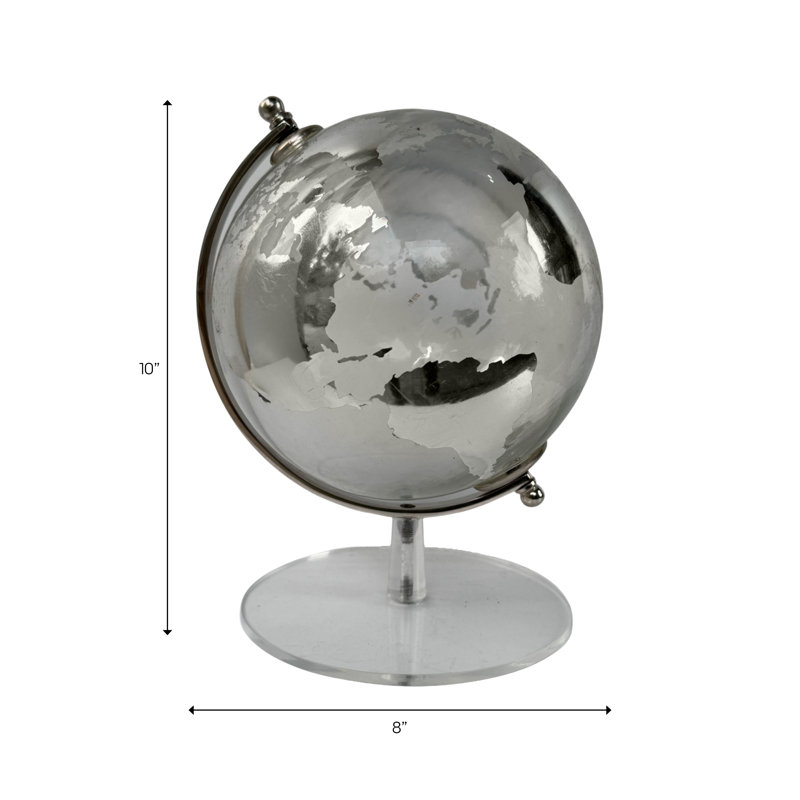 Modern Glass Globe with Metal Base for Home Decor - Decorative Objects World Accent for Living Room Shelf or Table Decorations - 11", Silver & Clear