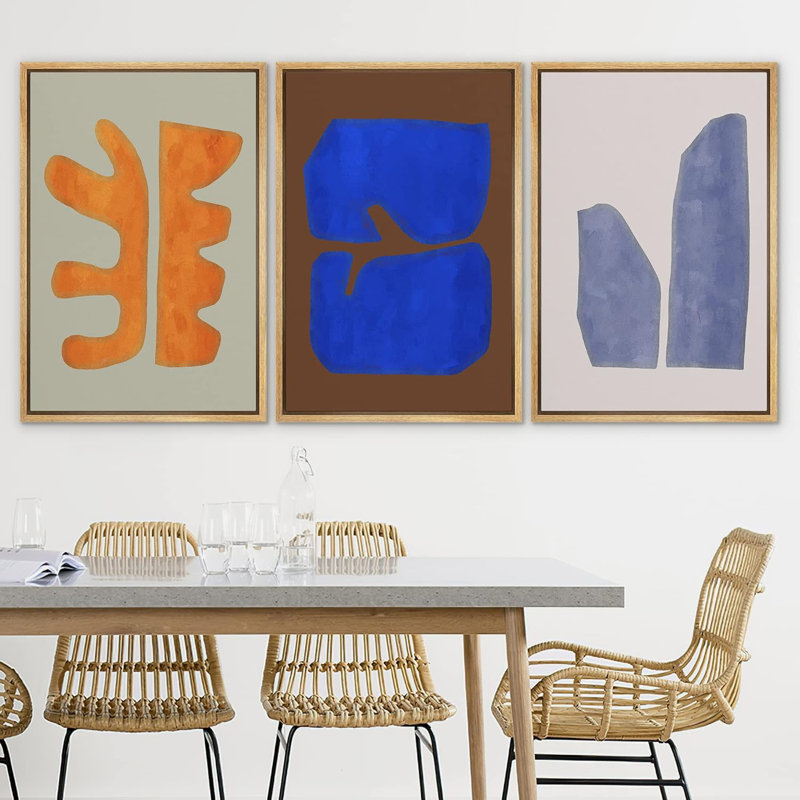 Multicolor Mid-Century Modern Orange Blue Wall Art Work Framed On Canvas 3 Pieces Painting Print, 36" H x 72" W x  1.5'' D