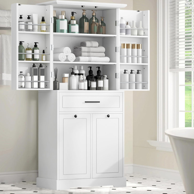 Armoire de rangement flexible pour salle de bain avec portes et tiroirs, 3 tablettes réglables, panier à linge inclinable