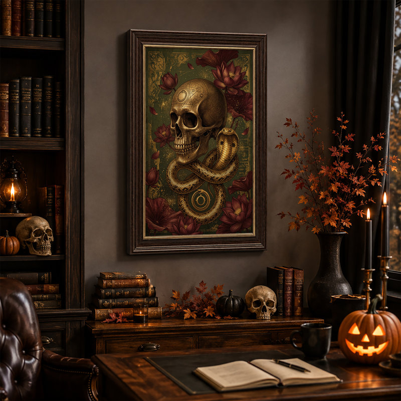 Toile dorée crâne doré et cobra enroulé parmi des lotus marron, H 18 po x l 12 po