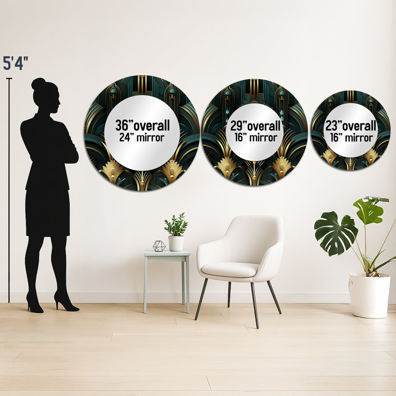 Or et vert, art déco opulence - miroir décoratif damassé, miroir mural rond Boho, impression d'art en métal, 36 po x 36 po