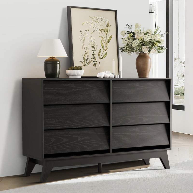 6 commodes pour la chambre à coucher, 47 po de largeur, tiroir horizontal autoportant avec rangement, Noir