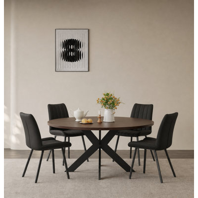 45.28" Mid-Century Modern Round Dining Table with X-Shaped Black Metal Base