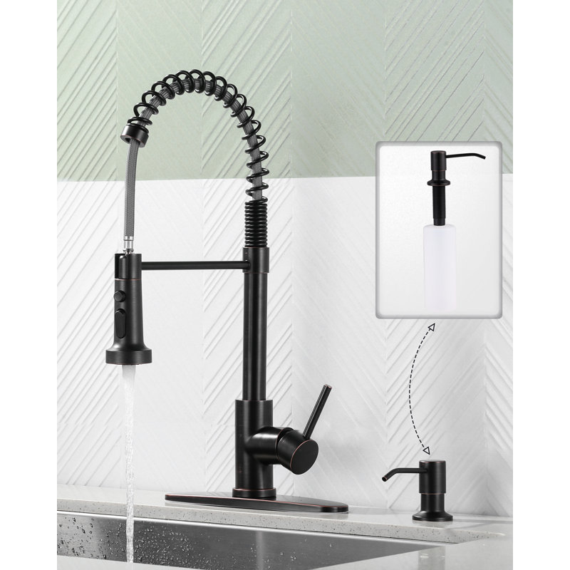 Single Handle Pull Down Kitchen Faucet with Soap Dispenser in Brushed Nickel, Oil Rubbed Bronze