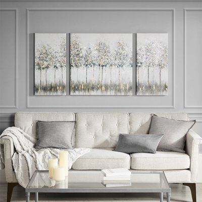 Abstract Forest Wall Art, Gold Accents, Blue & Grey, 27"W X 27"H + 2 13.5"W 27"H , Hand Canvas, Hanging Midst 13.5"W 27"H, Watercolor Design, Handmade, Spot Clean