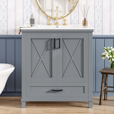 Meuble-lavabo de 30 pouces avec lavabo simple, structure en bois massif et panneau de fibres à densité moyenne, 2 portes à fermeture en douceur, 1 tiroir divisé, 2 tablettes de rangement, un grand espace de rangement, idéal pour les petites et moyennes salles de bain