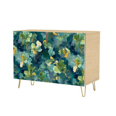 Sideboard Buffet Cabinet with Storage Abstract Botanical Wall Art Soft Green Painterly with 2 Doors for Living Room and Kitchen