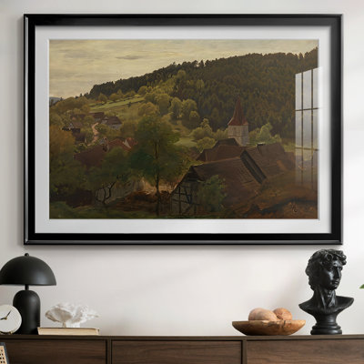 Landscape with Village and Church-Hans Gude-Framed Print with Mat and glass-c. late 19th Century