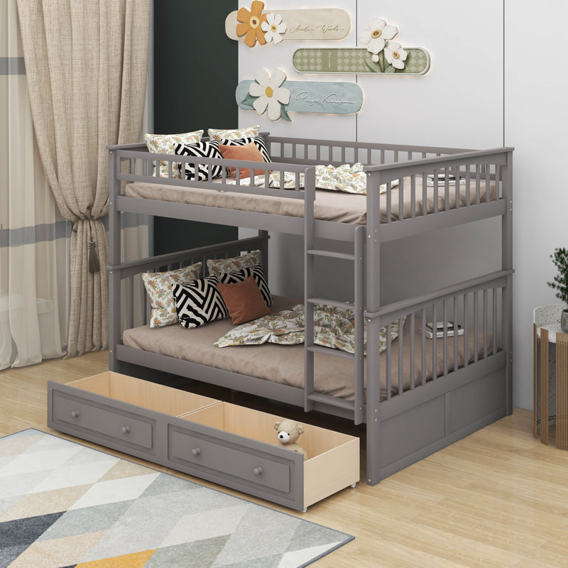 Lit double superposé au dessus d'un lit double avec tiroirs, Gris