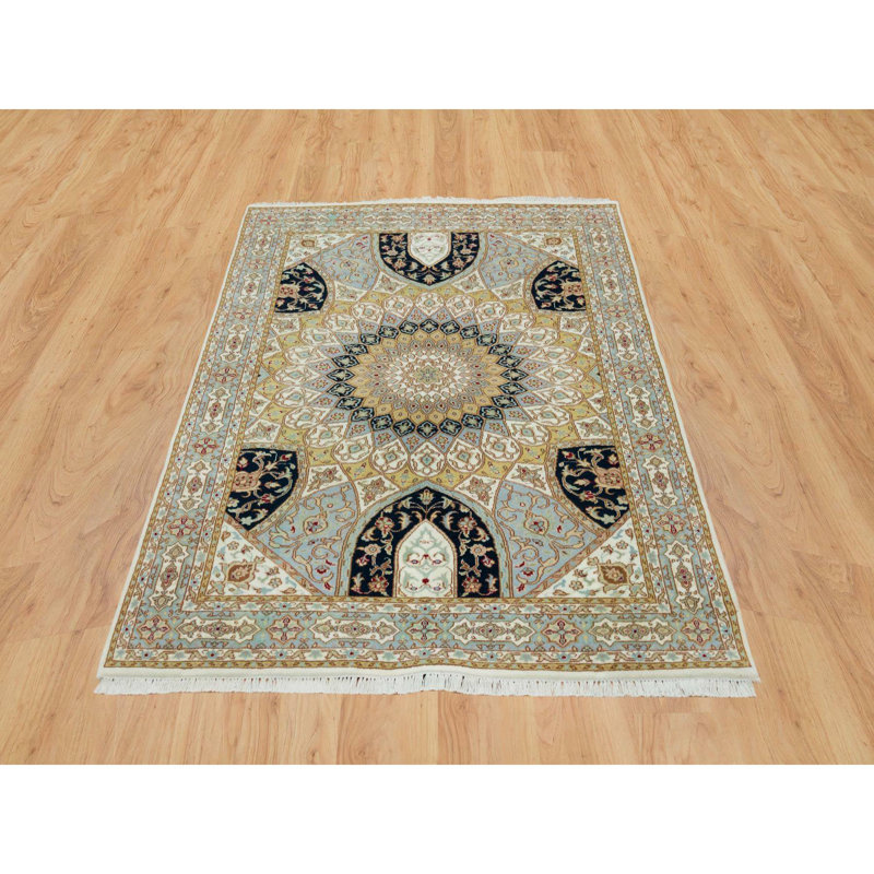 4'x6'1" Ivory Pure Wool Hand Knotted Nain Gumbad Design 250 KPSI Densely Woven Oriental Rug EEDB2631A20E45189CA078F8FF972912